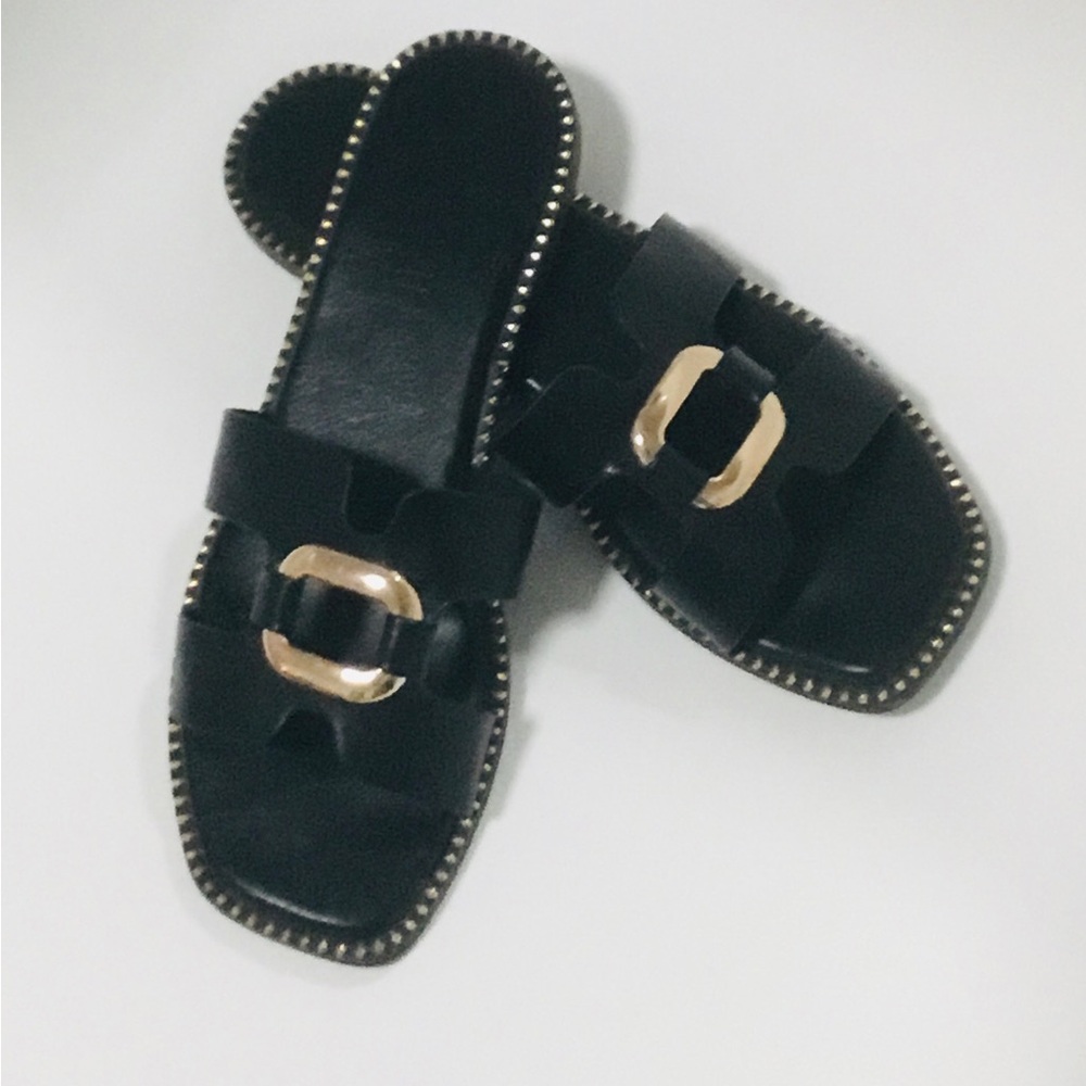 Jason Wu Black Danis Slide Sandals Gold Studs & Buckle , Rubber Sole 9.5